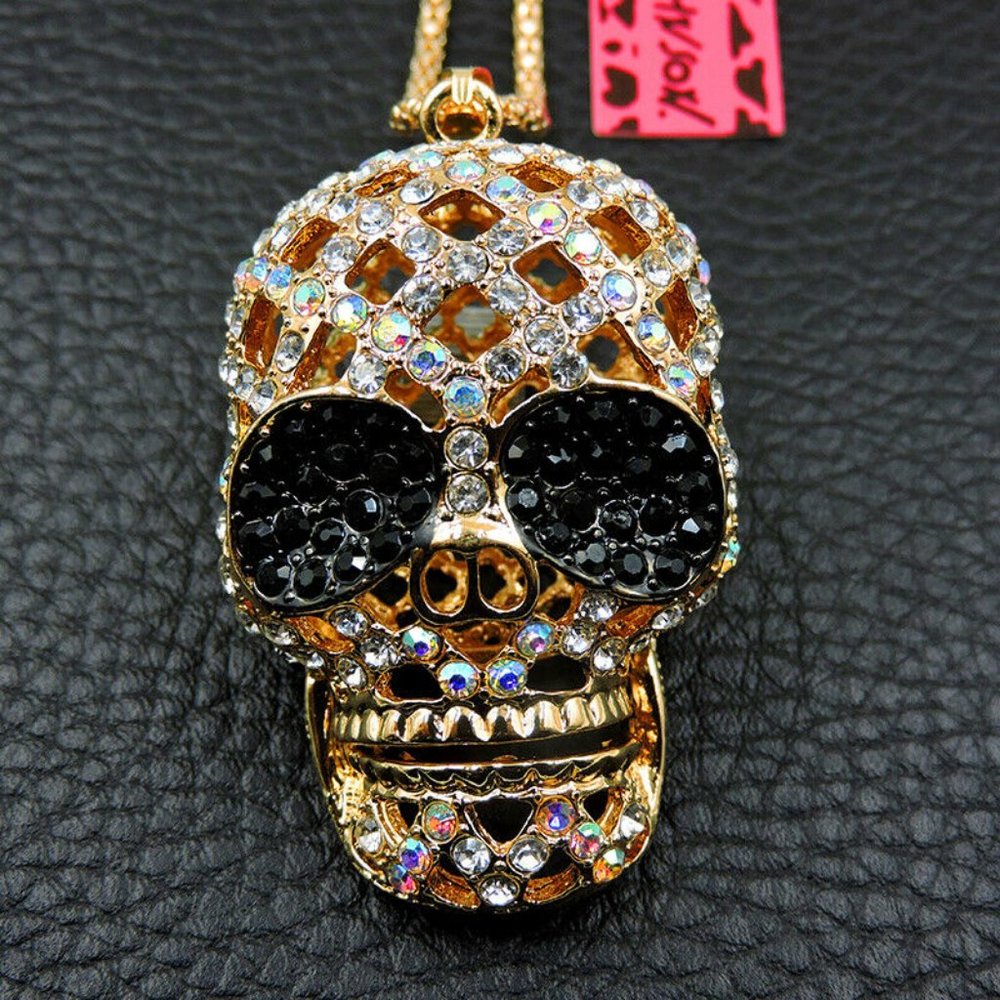 Betsey Johnson Large Crystal Skull Head Necklac
